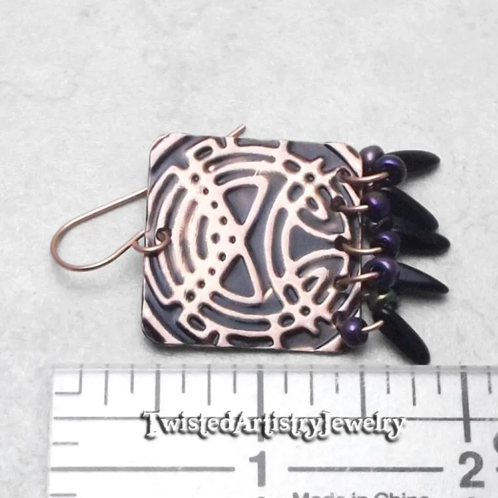 Black and Copper Celtic Square Chandelier Earrings - Picture 4 of 6